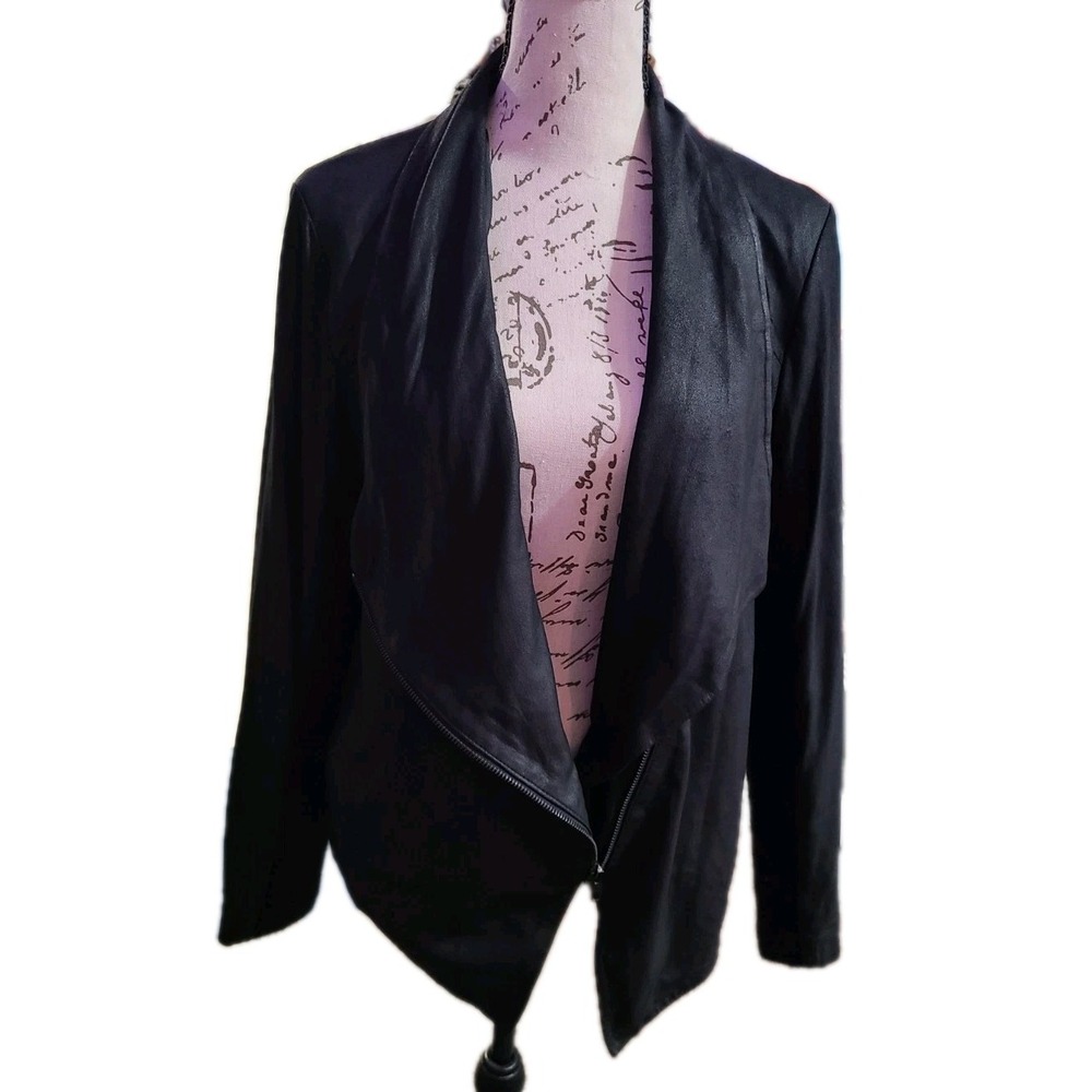 BB Dakota Black Asymmetrical Drape‎ Front Genuine Leather Jacket Womens Medium - Picture 2 of 11